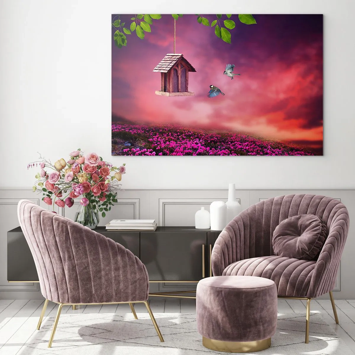 Cuadro sobre vidrio - Impresiones sobre Vidrio - Un comedero para pájaros contra un cielo rosado. - 70x50cm - Invitación a una cena - Decoración de pared moderna para salón y dormitorio ARTTOR