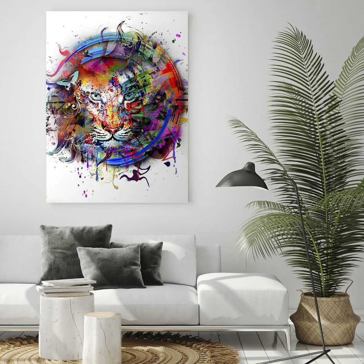 Cuadro sobre vidrio - Impresiones sobre Vidrio - Retrato colorido de un león en estilo abstracto. - 80x120cm - Al acecho tras la cortina arco iris - Decoración de pared moderna para salón y dormitorio ARTTOR