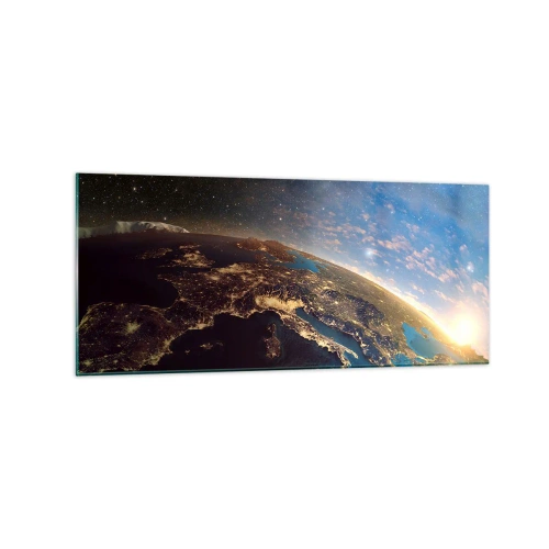 Cuadro sobre vidrio - Impresiones sobre Vidrio - Vista de la Tierra desde el espacio al amanecer - 120x50cm - Mirémonos a nosotros mismos desde la distancia - Decoración de pared moderna para salón y dormitorio ARTTOR