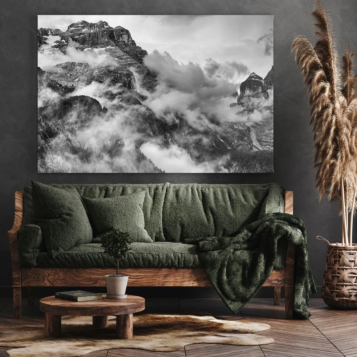 Cuadro sobre lienzo - Impresión de Imagen - Vista en blanco y negro de montañas rodeadas de nubes. - 100x70cm - Hermoso y cruel - Decoración de pared moderna para salón y dormitorio ARTTOR