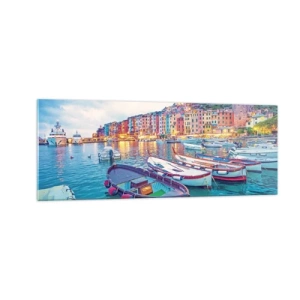 Cuadro sobre vidrio - Impresiones sobre Vidrio - Un colorido pueblo costero con barcos en el puerto. - 140x50cm - Una noche colorida en el puerto - Decoración de pared moderna para salón y dormitorio ARTTOR