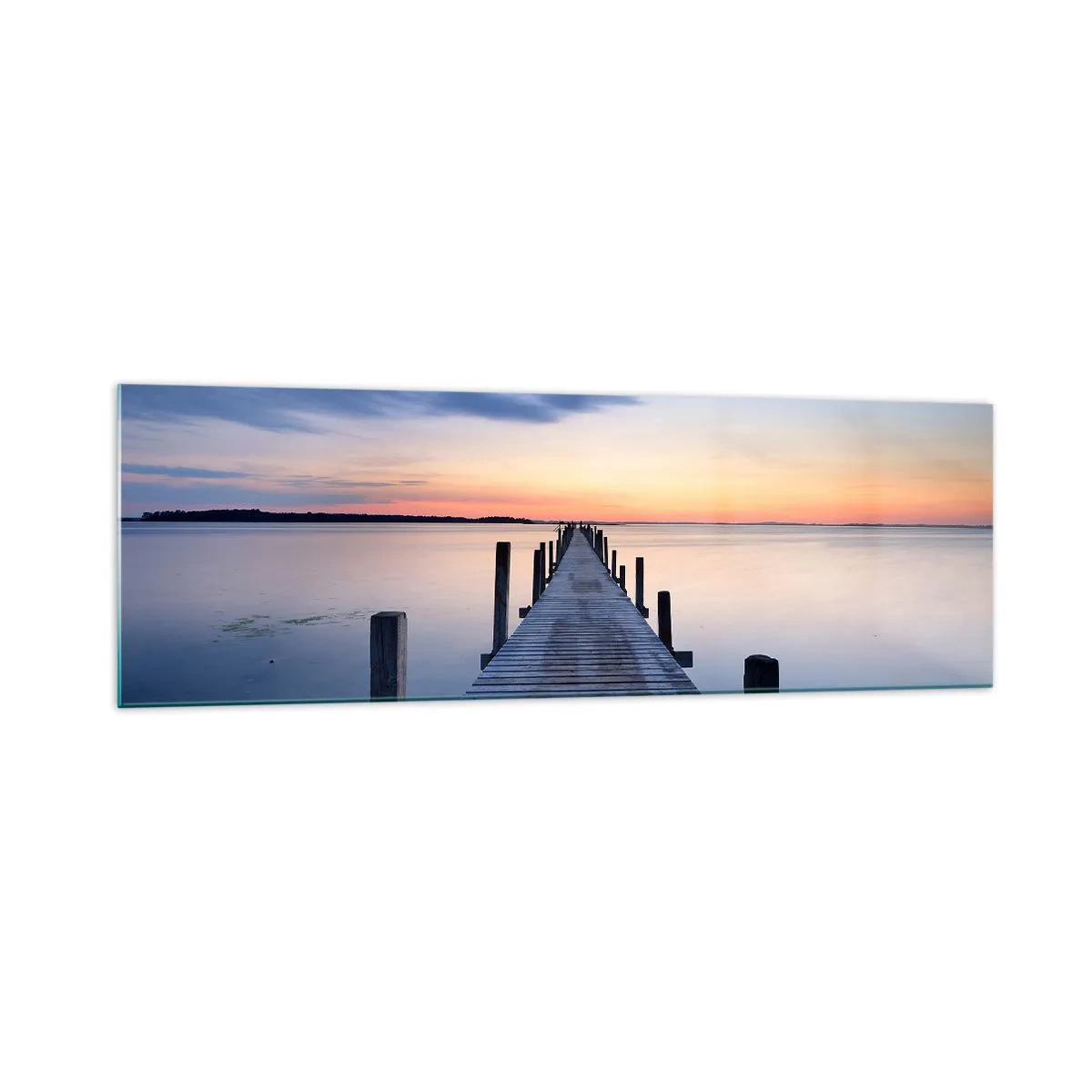 Cuadro sobre vidrio - Impresiones sobre Vidrio - Muelle de madera en el lago al atardecer - 160x50cm - La calma de un crepúsculo sereno - Decoración de pared moderna para salón y dormitorio ARTTOR