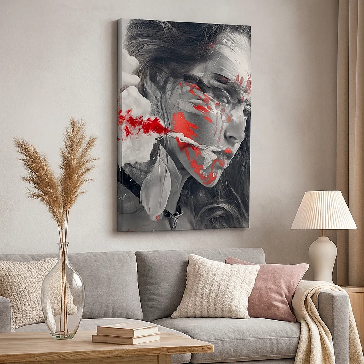 Cuadro sobre lienzo - Impresión de Imagen - Retrato artístico de una mujer con acentos rojos abstractos. - 50x70cm - En los humos del absurdo - Decoración de pared moderna para salón y dormitorio ARTTOR