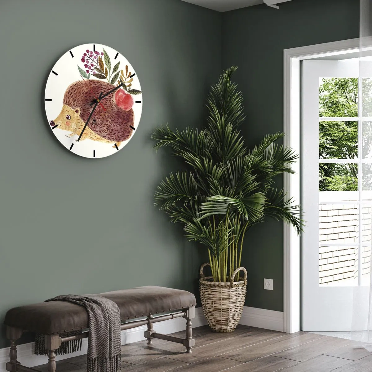 Reloj de pared - Reloj de vidrio - Erizo con una manzana y ramitas sobre un fondo claro - 30x30cm - Y ya te gusto - Decoración de pared moderna para salón, cocina y dormitorio ARTTOR