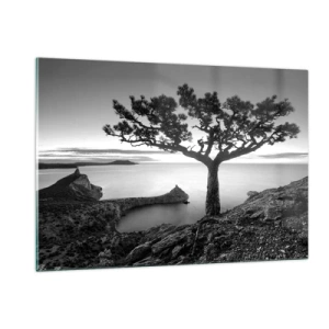 Cuadro sobre vidrio - Impresiones sobre Vidrio - Un árbol en un acantilado con vistas a la bahía. - 120x80cm - Calma hasta el horizonte - Decoración de pared moderna para salón y dormitorio ARTTOR