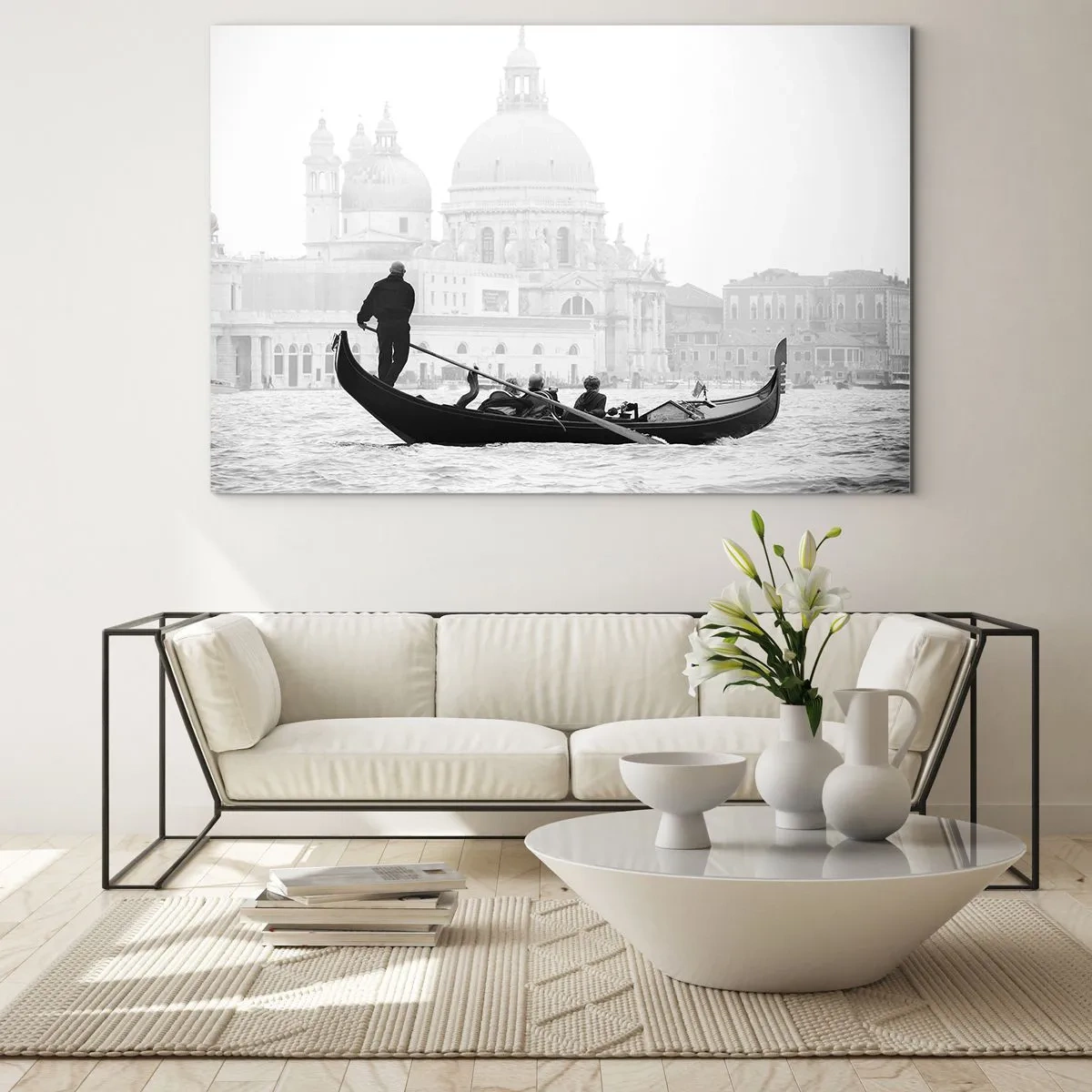 Cuadro sobre vidrio - Impresiones sobre Vidrio - Una góndola en blanco y negro con el paisaje de Venecia como telón de fondo. - 100x70cm - Un viaje a la fuente de la belleza - Decoración de pared moderna para salón y dormitorio ARTTOR