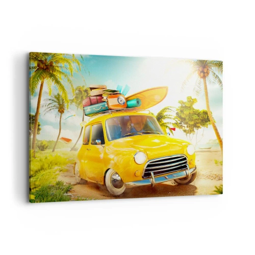 Cuadro sobre lienzo - Impresión de Imagen - Un coche amarillo con equipaje frente a un paisaje tropical. - 120x80cm - Un viaje para más de una sonrisa - Decoración de pared moderna para salón y dormitorio ARTTOR