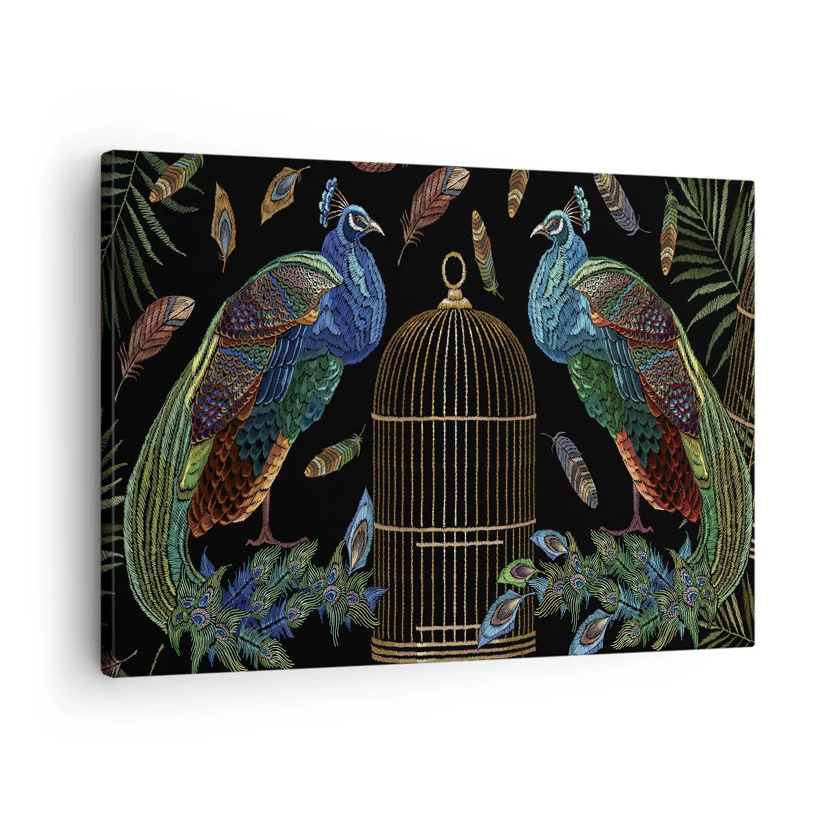 Cuadro sobre lienzo - Impresión de Imagen - Pavos reales junto a una jaula dorada sobre un fondo negro - 70x50cm - Con plumajes reales - Decoración de pared moderna para salón y dormitorio ARTTOR