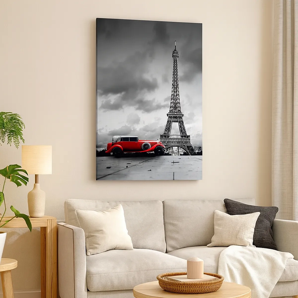 Cuadro sobre lienzo - Impresión de Imagen - Coche retro rojo frente a la Torre Eiffel en blanco y negro - 50x70cm - No hace mucho tiempo, en París - Decoración de pared moderna para salón y dormitorio ARTTOR