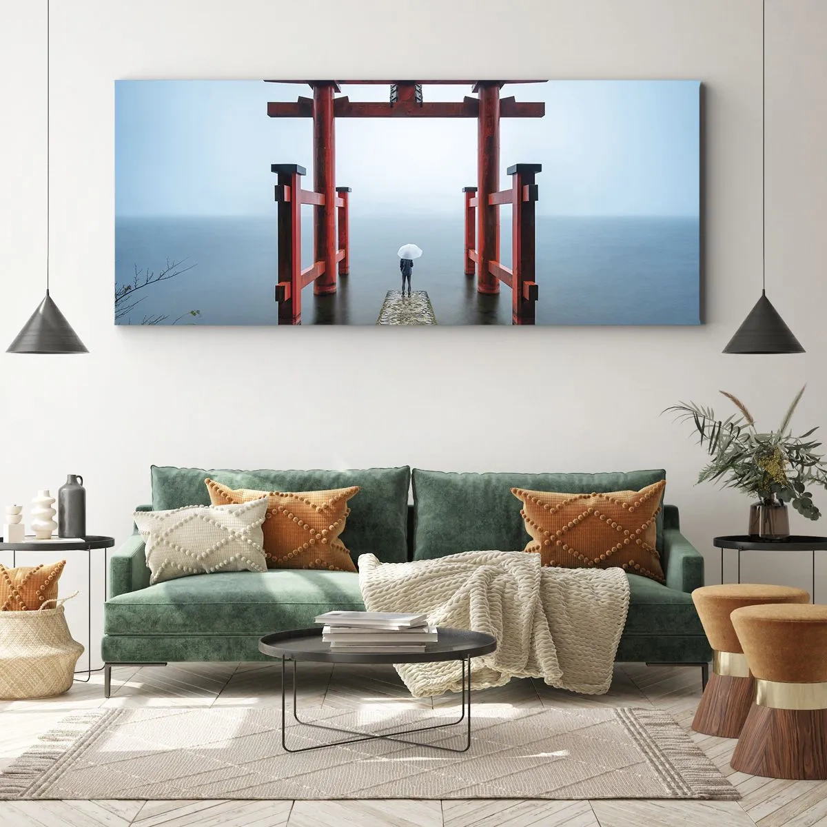 Cuadro sobre lienzo - Impresión de Imagen - Una puerta torii con vistas a un lago tranquilo en Japón - 120x50cm - Ensueño japonés - Decoración de pared moderna para salón y dormitorio ARTTOR