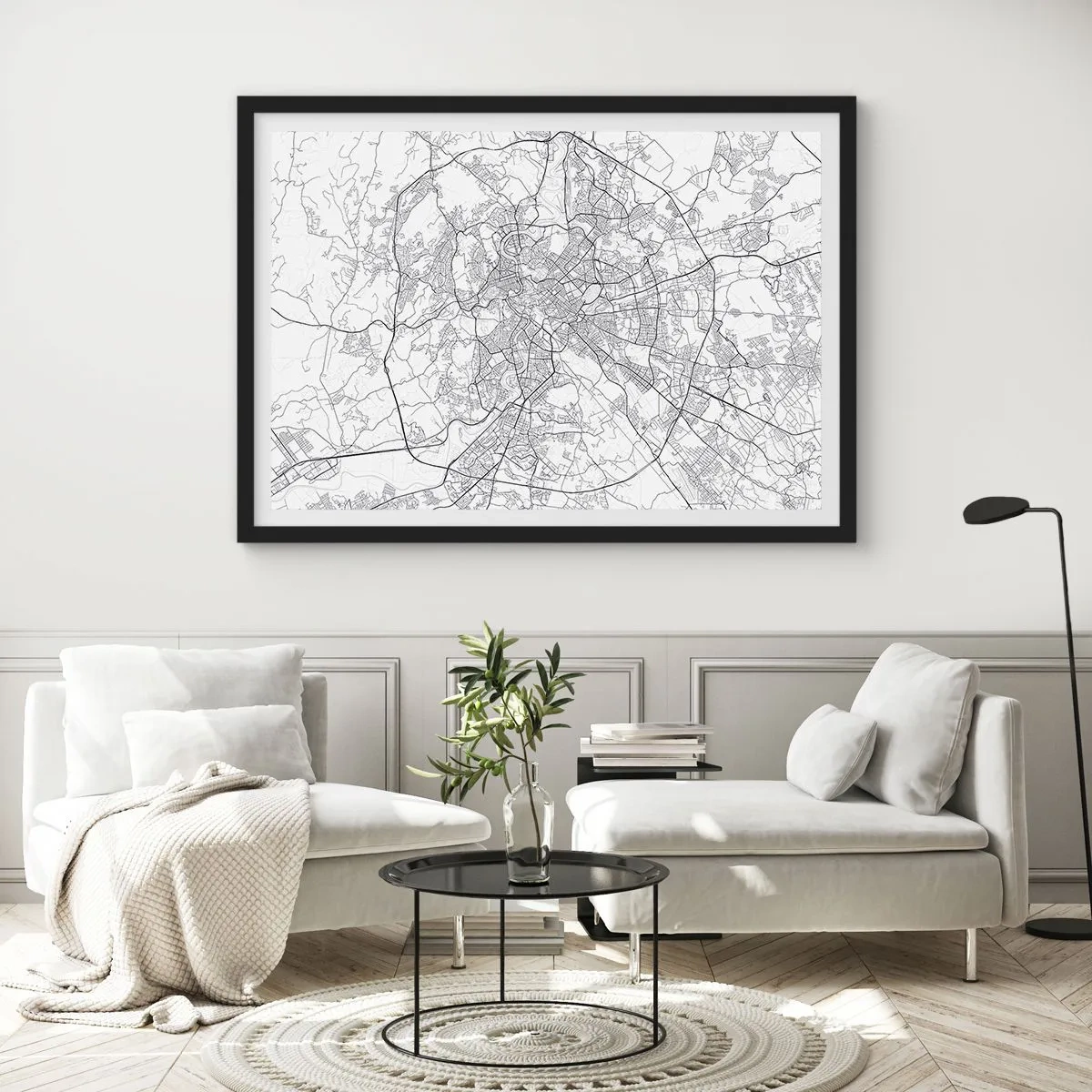 Póster en marco negro - Un mapa de la ciudad en estilo minimalista con líneas delicadas. - 100x70cm - El círculo romano - Decoración de pared moderna para salón y dormitorio ARTTOR