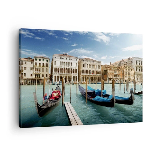 Cuadro sobre lienzo - Impresión de Imagen - Venecia con góndolas y palacios contra el cielo - 70x50cm - Palacios en azul - Decoración de pared moderna para salón y dormitorio ARTTOR