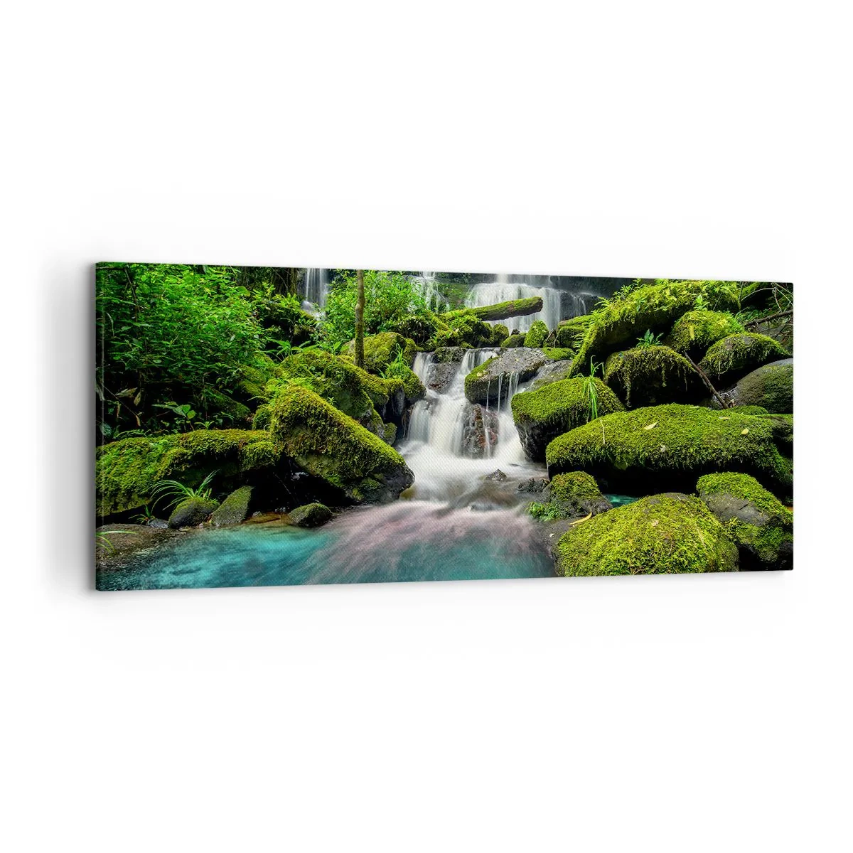 Cuadro sobre lienzo - Impresión de Imagen - Una cascada tropical rodeada de vegetación y agua turquesa. - 120x50cm - Turquesa, zafiro y plata líquida - Decoración de pared moderna para salón y dormitorio ARTTOR
