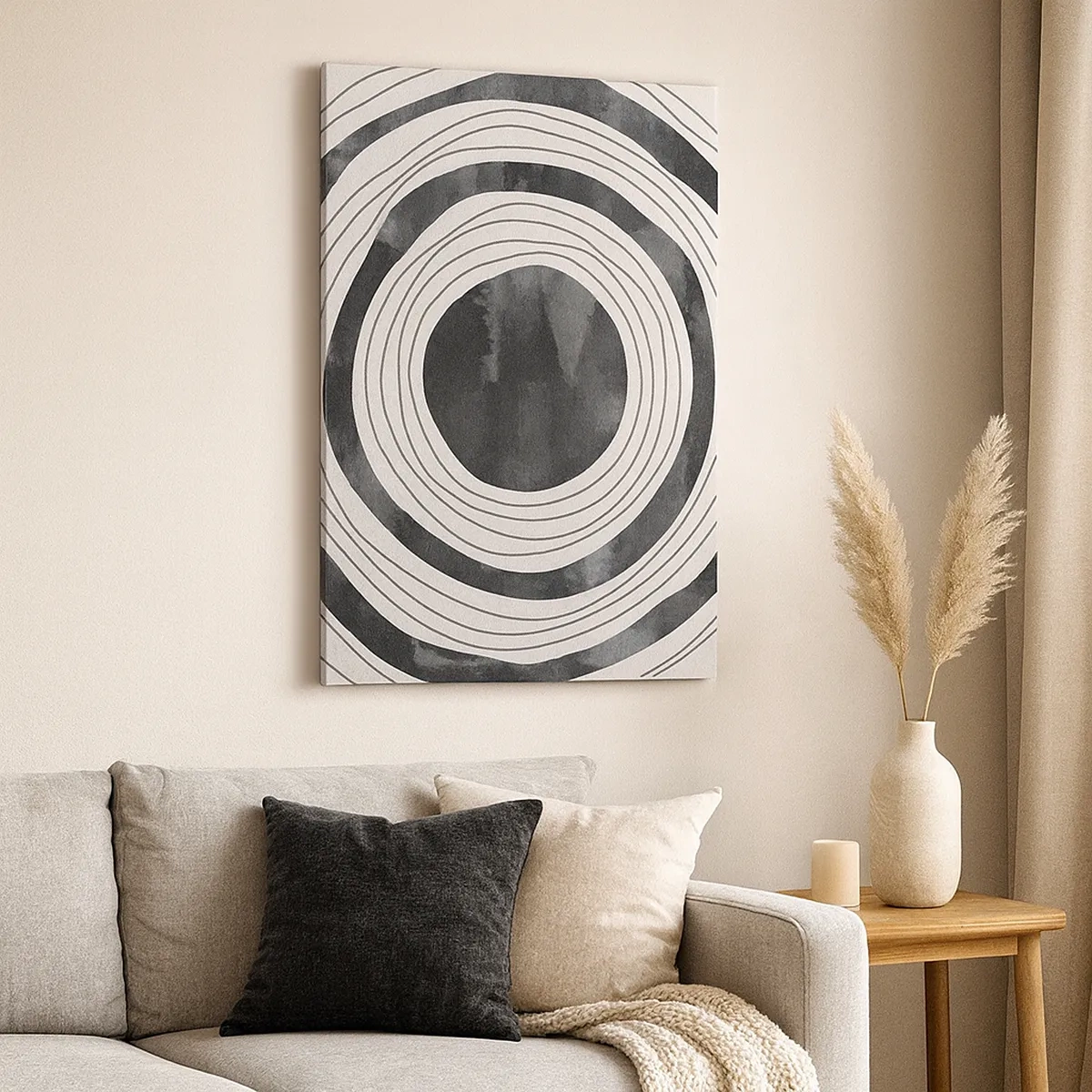 Cuadro sobre lienzo - Impresión de Imagen - Círculos concéntricos en blanco y negro sobre un fondo claro - 50x70cm - En el centro mismo - Decoración de pared moderna para salón y dormitorio ARTTOR