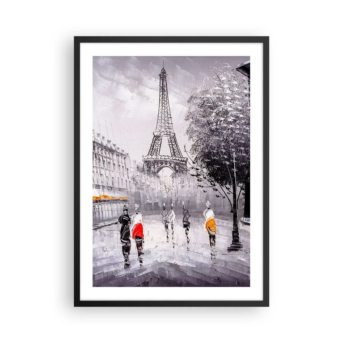 Póster en marco negro - La Torre Eiffel con un paisaje urbano en un día lluvioso. - 50x70cm - Un paseo parisino - Decoración de pared moderna para salón y dormitorio ARTTOR