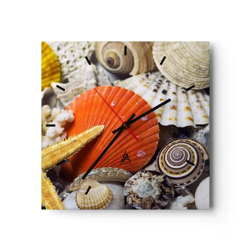Reloj de pared - Reloj de vidrio - Conchas y estrellas de mar en una composición marina - 30x30cm - Tesoros del océano - Decoración de pared moderna para salón y dormitorio ARTTOR
