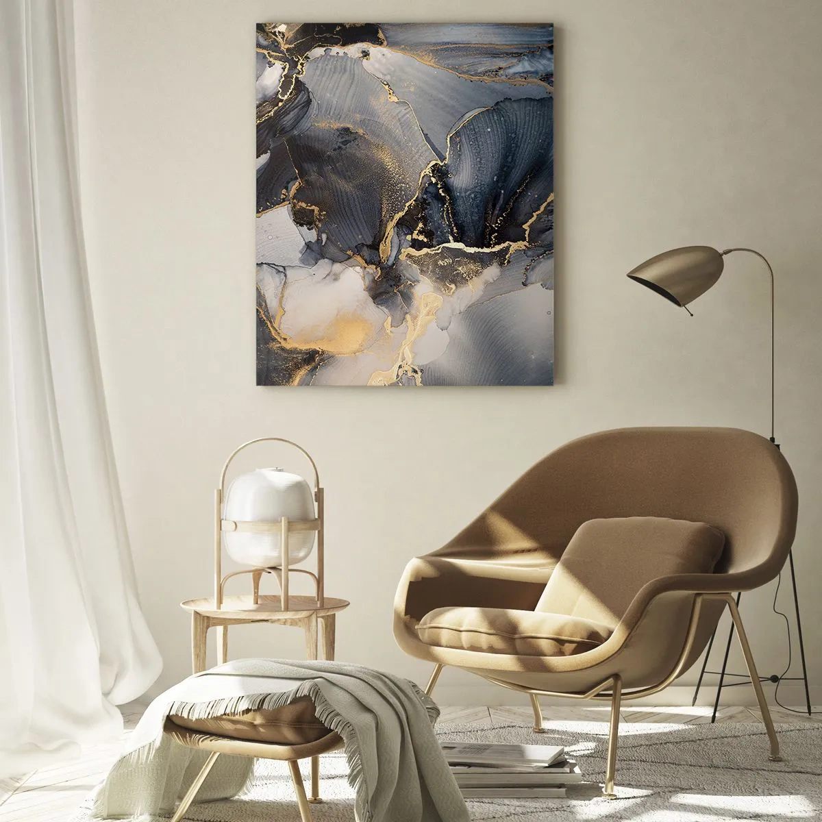 Cuadro sobre vidrio - Impresiones sobre Vidrio - Abstracción oscura con efecto mármol y vetas doradas. - 50x70cm - La vida de una piedra - Decoración de pared moderna para salón y dormitorio ARTTOR