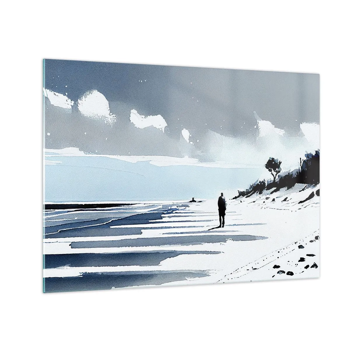 Cuadro sobre vidrio - Impresiones sobre Vidrio - Silueta de una persona solitaria caminando por una playa vacía - 70x50cm - Solo conmigo mismo - Decoración de pared moderna para salón y dormitorio ARTTOR