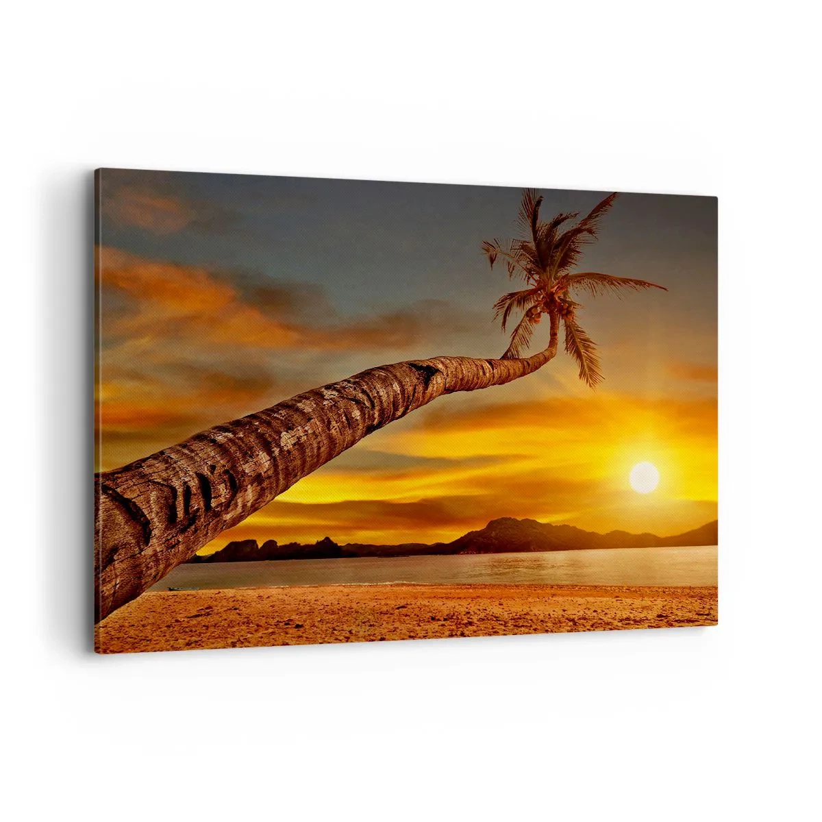 Cuadro sobre lienzo - Impresión de Imagen - Palmera en la playa al atardecer con vistas al mar - 100x70cm - Vacaciones exóticas, aventura en el Caribe - Decoración de pared moderna para salón y dormitorio ARTTOR