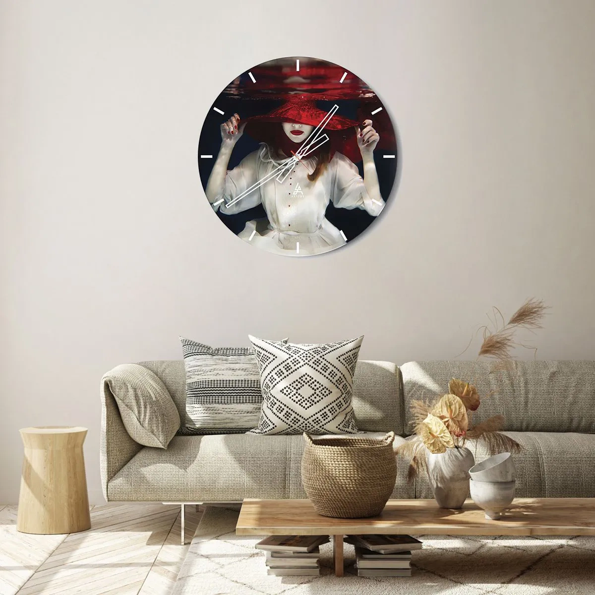 Reloj de pared - Reloj de vidrio - Blanco y rojo - 30x30 cm