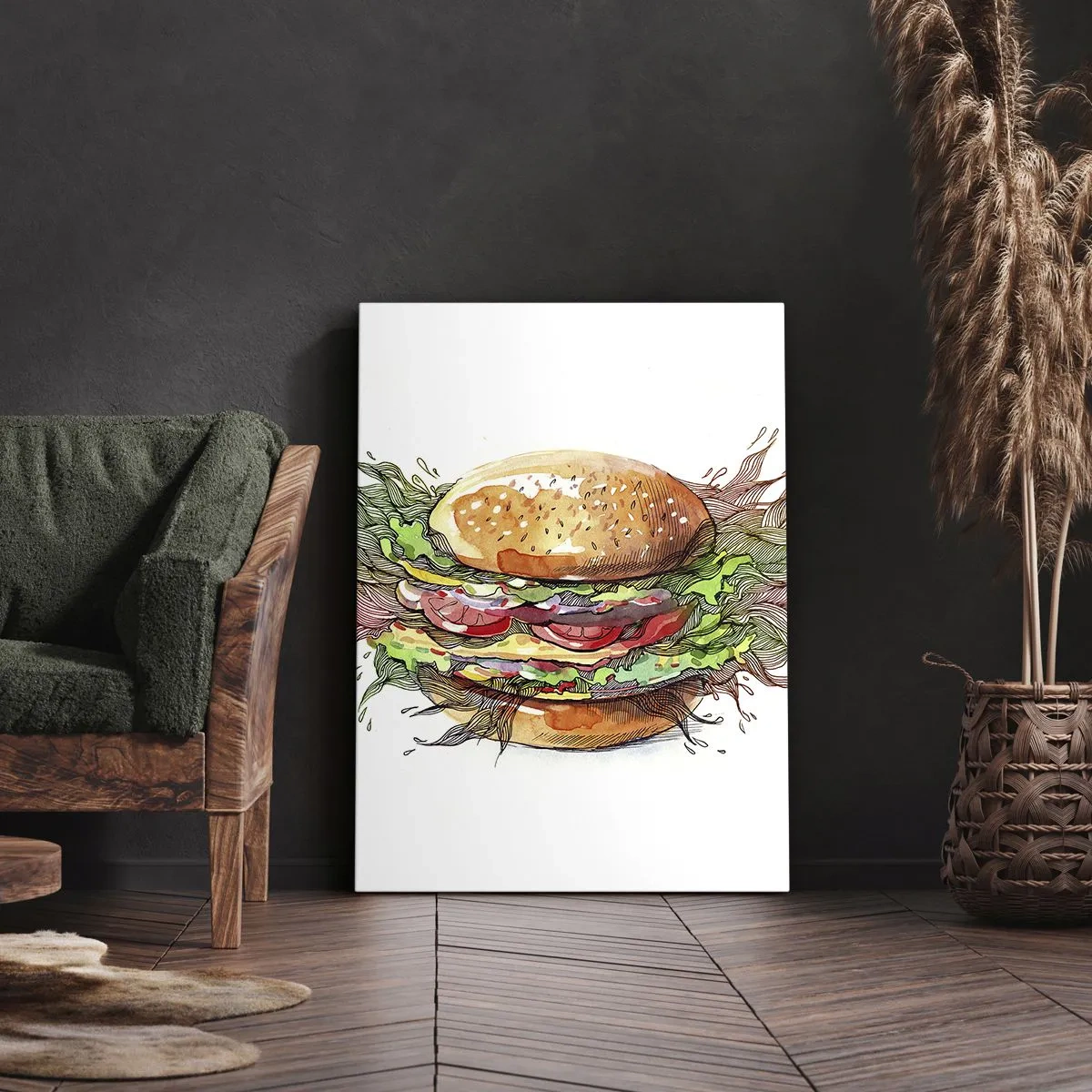 Cuadro sobre lienzo - Impresión de Imagen - Ilustración artística de una hamburguesa con elementos dinámicos. - 50x70cm - Tentación irresistible - Decoración de pared moderna para salón y dormitorio ARTTOR