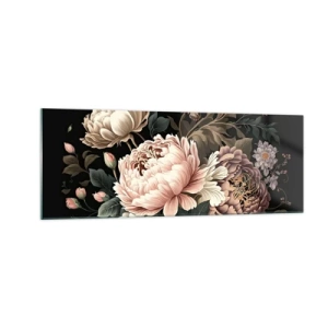 Cuadro sobre vidrio - Impresiones sobre Vidrio - Un ramo de flores rosas y mariposas sobre un fondo negro. - 140x50cm - En estilo barroco - Decoración de pared moderna para salón y dormitorio ARTTOR
