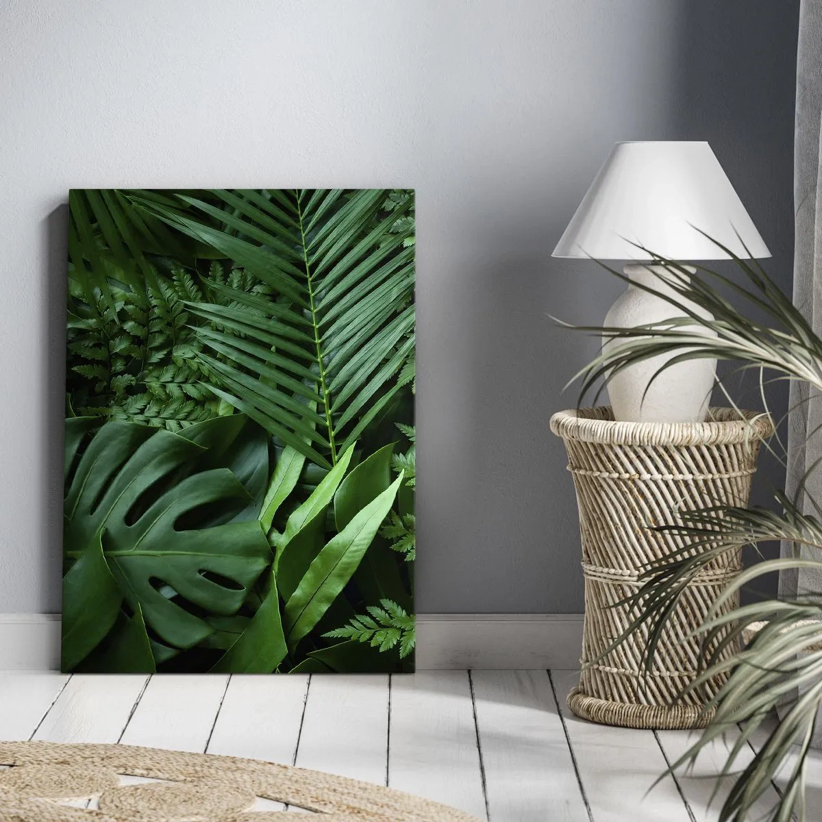Cuadro sobre lienzo - Impresión de Imagen - Hojas tropicales verdes en una composición densa y natural. - 50x70cm - Abrazo verde - Decoración de pared moderna para salón y dormitorio ARTTOR