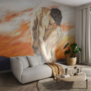Fotomural Premium Sand - La figura de un hombre en una pose dinámica con el telón de fondo de una puesta de sol. - 100x70cm - Sumergido en sí mismo - Decoración de pared moderna para salón y dormitorio ARTTOR