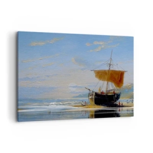 Cuadro sobre lienzo - Impresión de Imagen - Un barco en la orilla del mar en un día soleado. - 100x70cm - Agua, tierra, aire - Decoración de pared moderna para salón y dormitorio ARTTOR