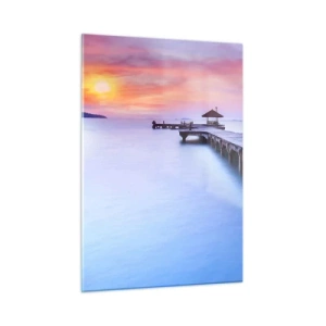 Cuadro sobre vidrio - Impresiones sobre Vidrio - Muelle de madera al amanecer en aguas tranquilas - 50x70cm - Un mar de calma hasta el horizonte - Decoración de pared moderna para salón y dormitorio ARTTOR