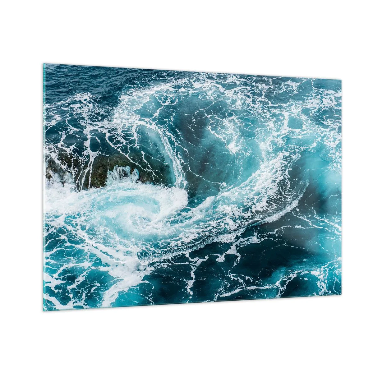 Cuadro sobre vidrio - Impresiones sobre Vidrio - Un remolino oceánico rodeado de olas blancas en agua azul. - 100x70cm - Torbellino al núcleo de la Tierra - Decoración de pared moderna para salón y dormitorio ARTTOR