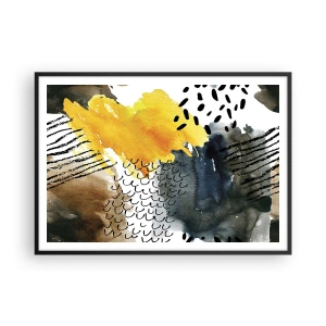 Póster en marco negro - Una composición abstracta con acentos amarillos y patrones gráficos. - 100x70cm - Reunión de los elementos - Decoración de pared moderna para salón y dormitorio ARTTOR