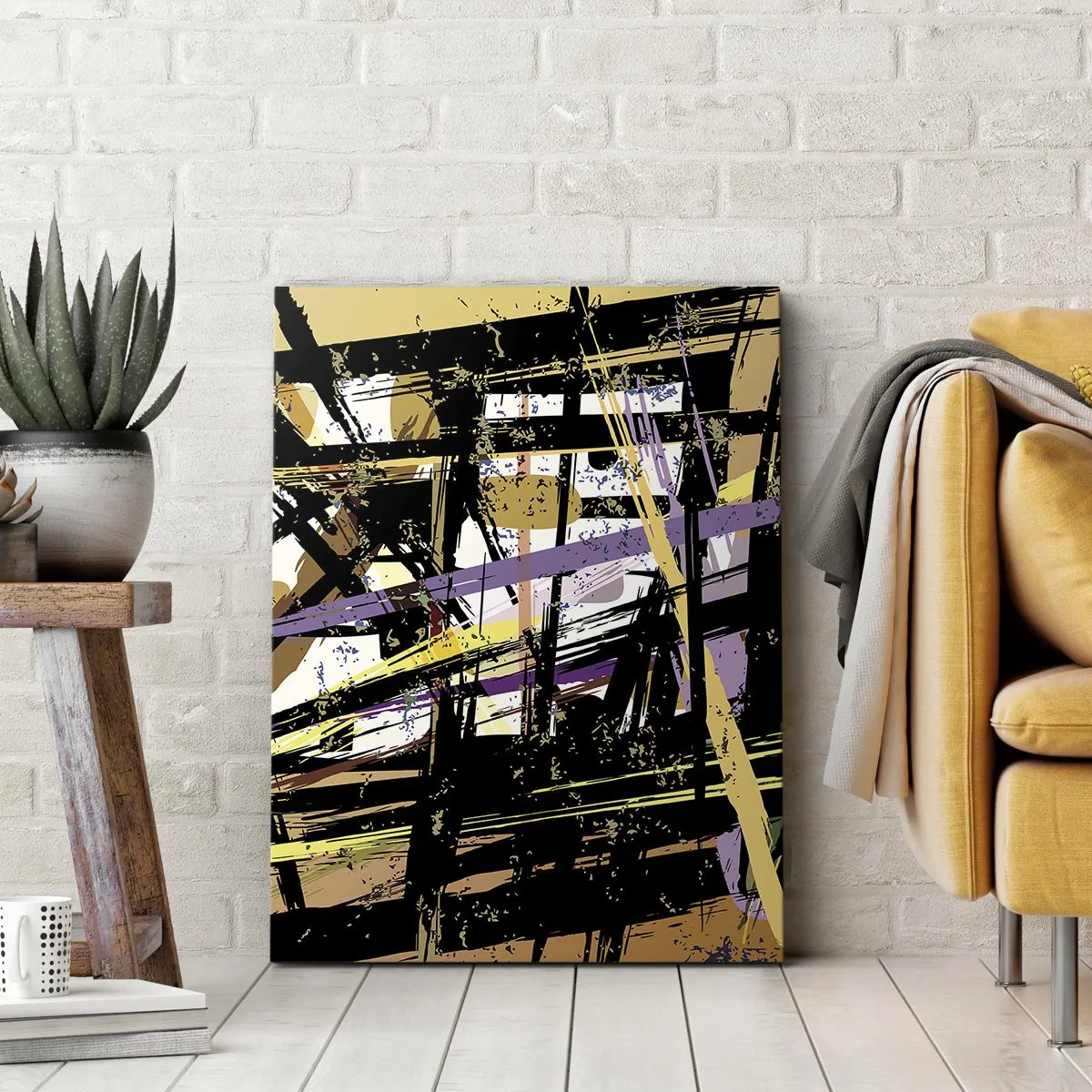 Cuadro sobre lienzo - Impresión de Imagen - Líneas y formas abstractas sobre un fondo beige - 50x70cm - Corte afilado - Decoración de pared moderna para salón y dormitorio ARTTOR