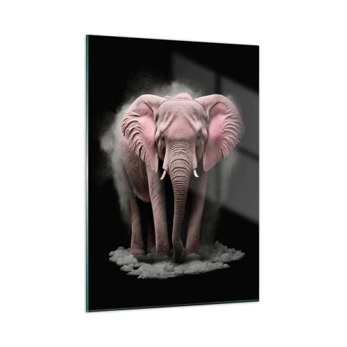 Cuadro sobre vidrio - Impresiones sobre Vidrio - Un elefante rosa sobre un fondo negro rodeado de una nube de polvo. - 50x70cm - El rey rosado de oriente - Decoración de pared moderna para salón y dormitorio ARTTOR