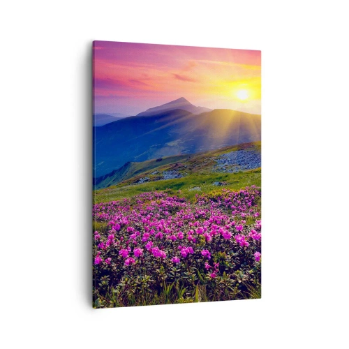Cuadro sobre lienzo - Impresión de Imagen - Un prado florido con vistas a las montañas durante la puesta de sol. - 50x70cm - ... Y el aroma a hierbas está por todas partes - Decoración de pared moderna para salón y dormitorio ARTTOR