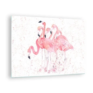 Cuadro sobre vidrio - Impresiones sobre Vidrio - Flamencos de acuarela sobre un fondo claro con delicadas manchas. - 70x50cm - Asamblea rosa - Decoración de pared moderna para salón y dormitorio ARTTOR