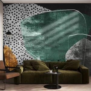 Fotomural Standard Eco - Formas geométricas verdes y doradas sobre un fondo negro y gris. - 100x70cm - Abstracción colorista con un copo de oro - Decoración de pared moderna para salón y dormitorio ARTTOR