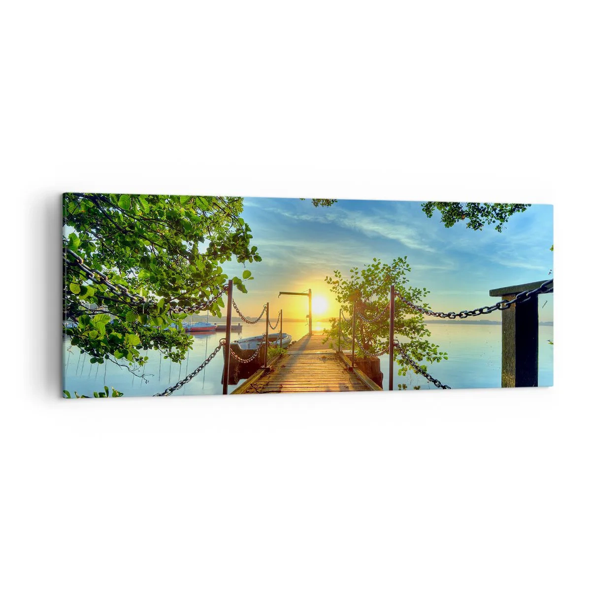 Cuadro sobre lienzo - Impresión de Imagen - Un muelle sobre el lago bajo los rayos del atardecer. - 140x50cm - Atardecer junto al agua - Decoración de pared moderna para salón y dormitorio ARTTOR
