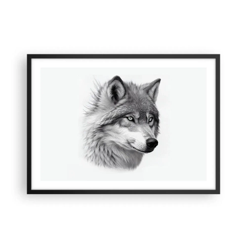 Póster en marco negro - Un retrato realista de un lobo en tonos de gris. - 70x50cm - Alfa - sin duda - Decoración de pared moderna para salón y dormitorio ARTTOR