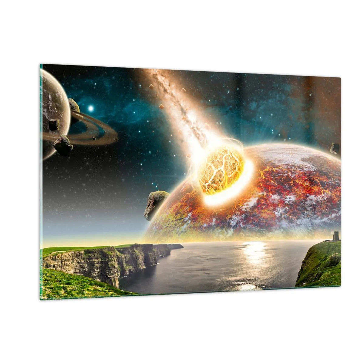 Cuadro sobre vidrio - Impresiones sobre Vidrio - Un meteorito choca con un planeta en el espacio. - 120x80cm - Drama cósmico - Decoración de pared moderna para salón y dormitorio ARTTOR