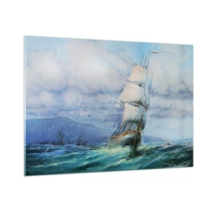Cuadro sobre vidrio - Impresiones sobre Vidrio - Un barco con velas navegando en un mar tempestuoso bajo un cielo nublado. - 100x70cm - Viento en popa - Decoración de pared moderna para salón y dormitorio ARTTOR