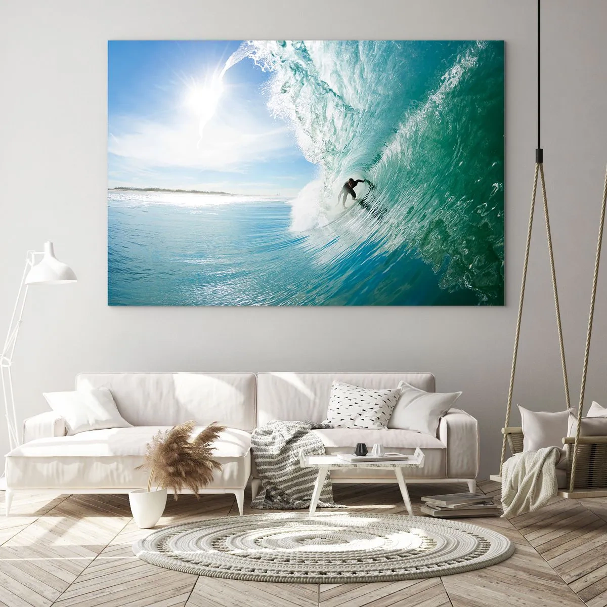 Cuadro sobre vidrio - Impresiones sobre Vidrio - Un surfista montando una ola contra un cielo azul. - 120x80cm - Siempre en la ola - Decoración de pared moderna para salón y dormitorio ARTTOR