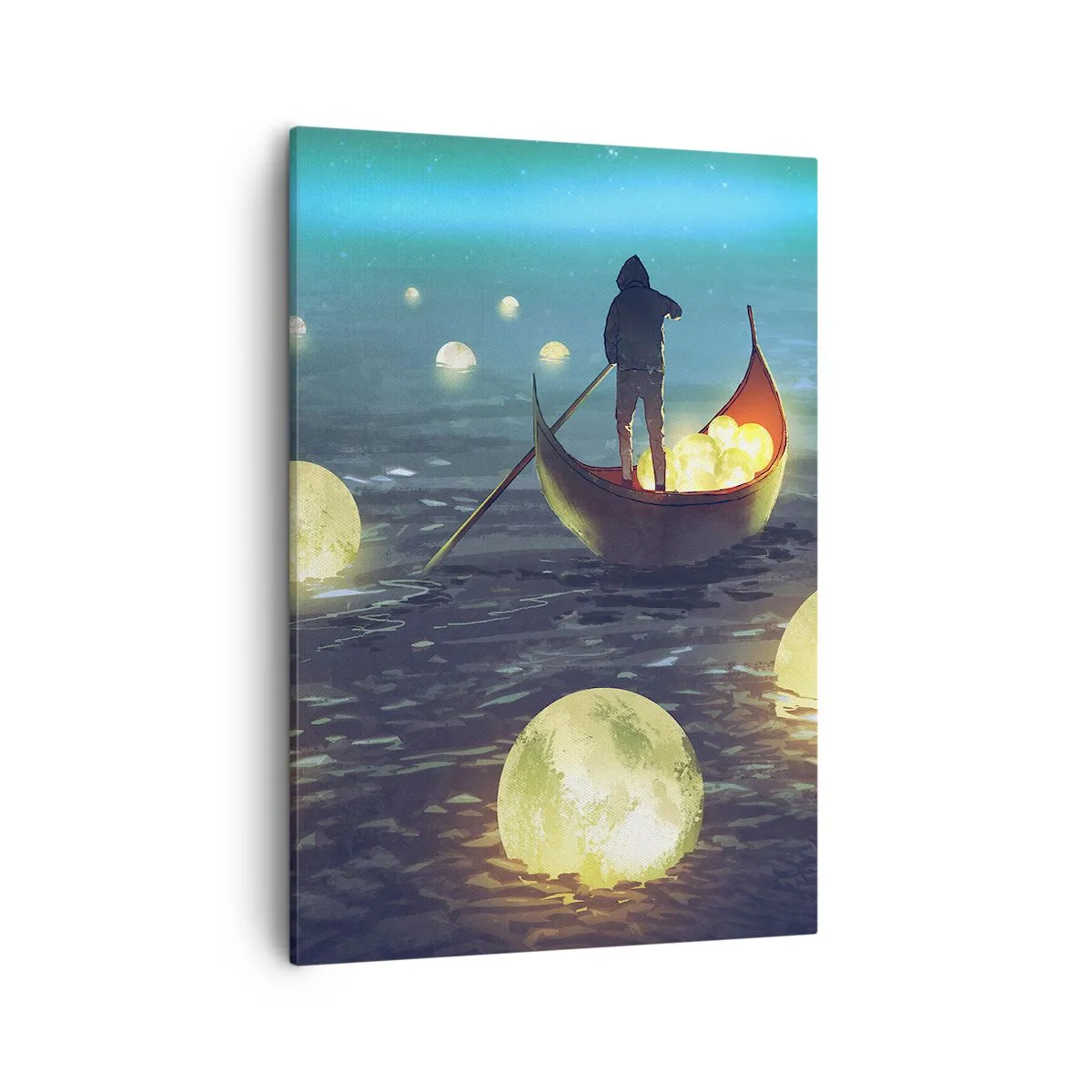 Cuadro sobre lienzo - Impresión de Imagen - Una figura en un barco rodeada de bolas luminosas en el agua. - 50x70cm - Cosas que los filósofos nunca soñaron - Decoración de pared moderna para salón y dormitorio ARTTOR
