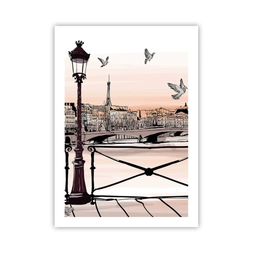 Póster - Ilustración de París al atardecer con una linterna y un puente - 50x70cm - Sobre los tejados de París - Decoración de pared moderna para salón y dormitorio ARTTOR