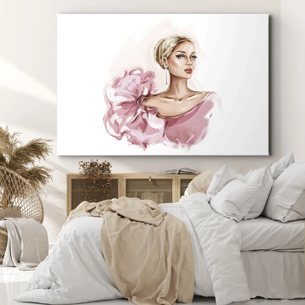 Cuadro sobre lienzo - Impresión de Imagen - Retrato de una mujer con un vestido rosa sobre un fondo claro. - 120x80cm - Recuérdame como una pintura... - Decoración de pared moderna para salón y dormitorio ARTTOR