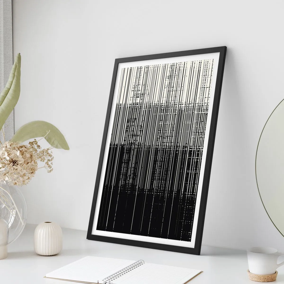 Póster en marco negro - Composición abstracta de líneas negras sobre fondo blanco. - 50x70cm - Ondas y vibraciones - Decoración de pared moderna para salón y dormitorio ARTTOR