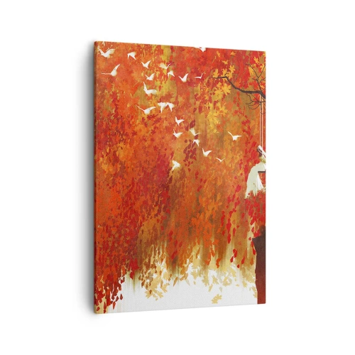 Cuadro sobre lienzo - Impresión de Imagen - Una figura en un columpio junto a un árbol rodeado de hojas rojas. - 50x70cm - ¿Volará con ellos? - Decoración de pared moderna para salón y dormitorio ARTTOR
