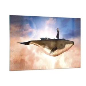 Cuadro sobre vidrio - Impresiones sobre Vidrio - Una ballena de fantasía flotando en las nubes con una mujer en su espalda. - 120x80cm - Un viaje surrealista - Decoración de pared moderna para salón y dormitorio ARTTOR