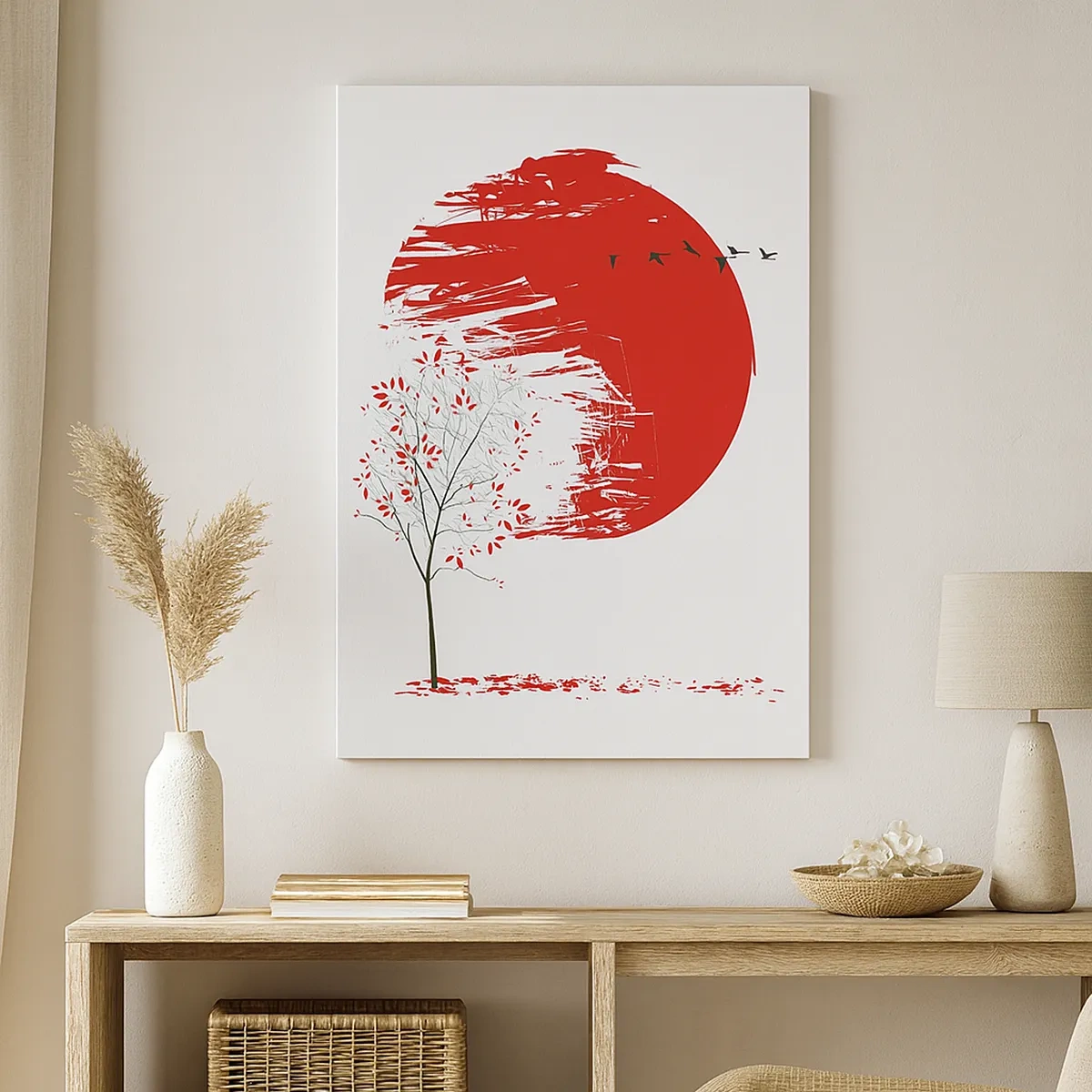 Cuadro sobre lienzo - Impresión de Imagen - Círculo rojo y árbol de estilo japonés. - 50x70cm - ¿Conoces este país? - Decoración de pared moderna para salón y dormitorio ARTTOR