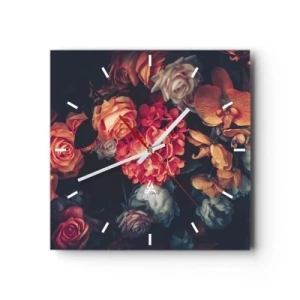 Reloj de pared - Reloj de vidrio - Un ramo de varias flores en tonos oscuros. - 30x30cm - Como los maestros holandeses - Decoración de pared moderna para salón y dormitorio ARTTOR